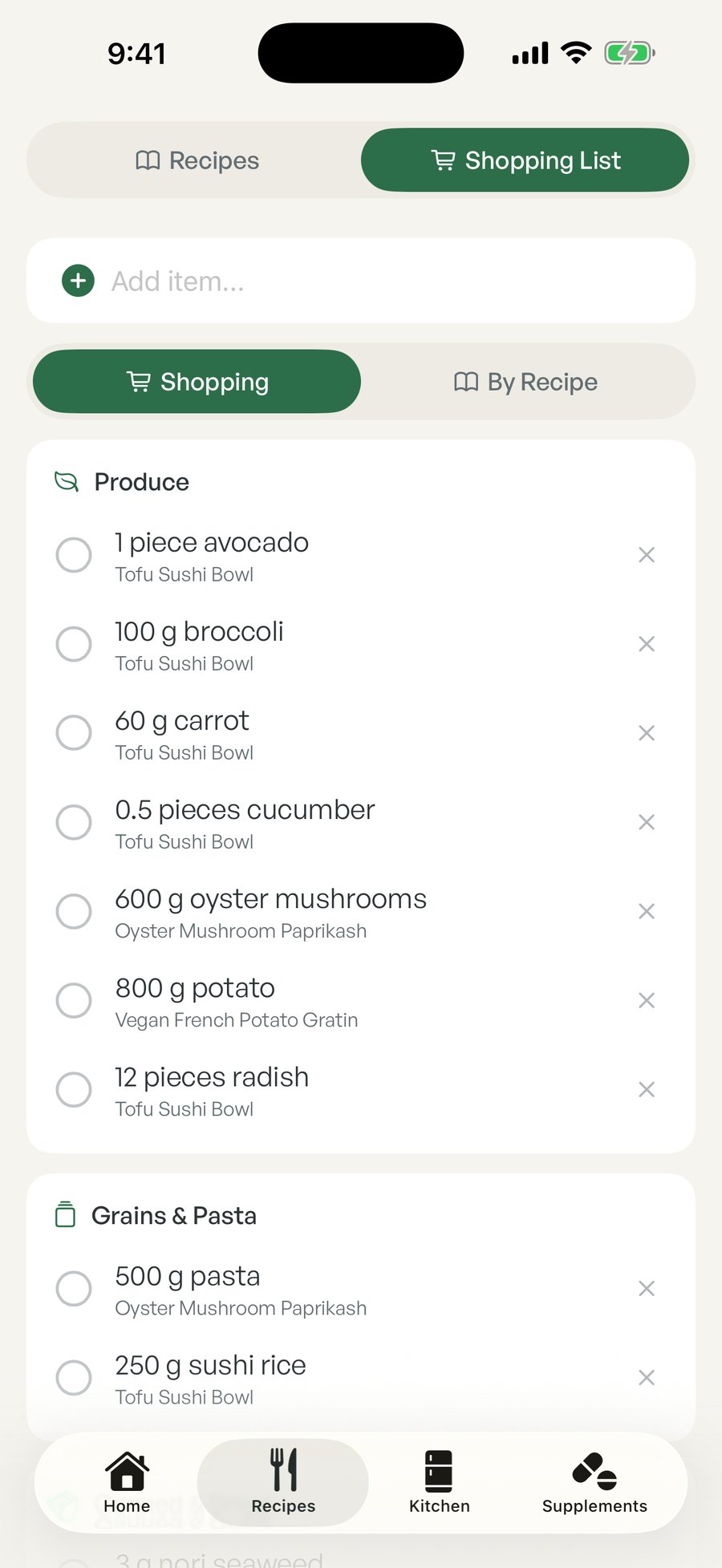 Tofu shopping list sorted by aisle