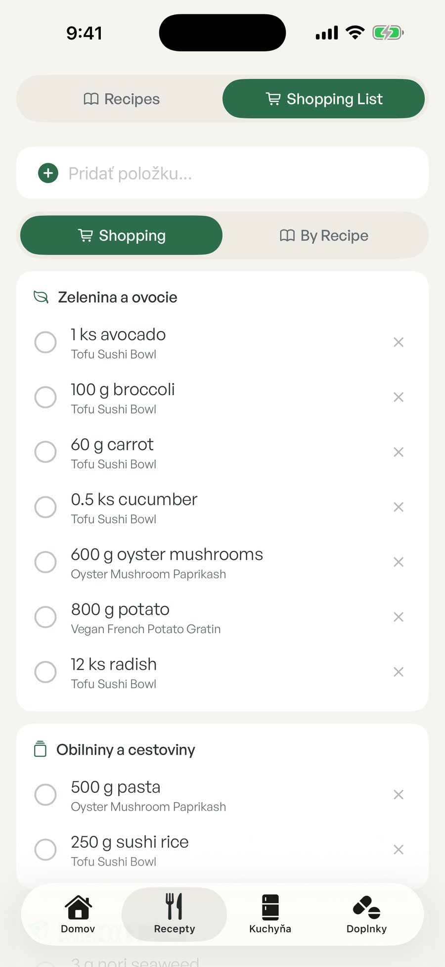 Tofu nákupný zoznam zoradený podľa uličiek