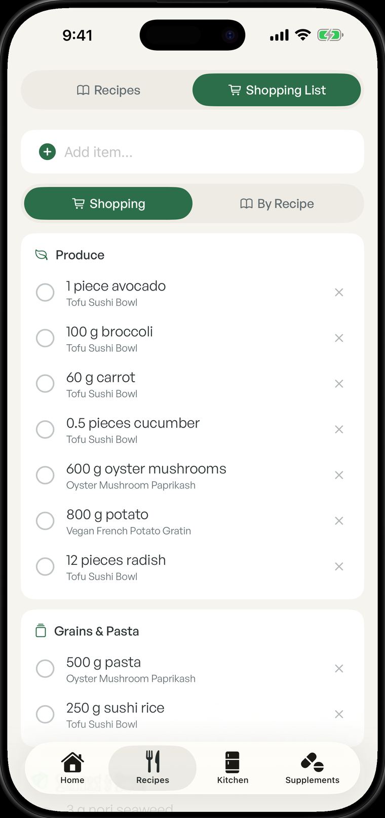 Tofu shopping list